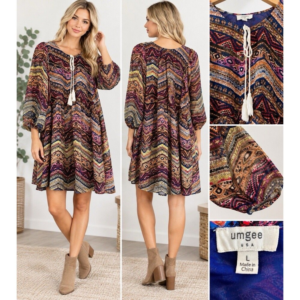 Umgee Purple Boho Geometric Babydoll Dress Tassel Tie Peasant Women’s Large